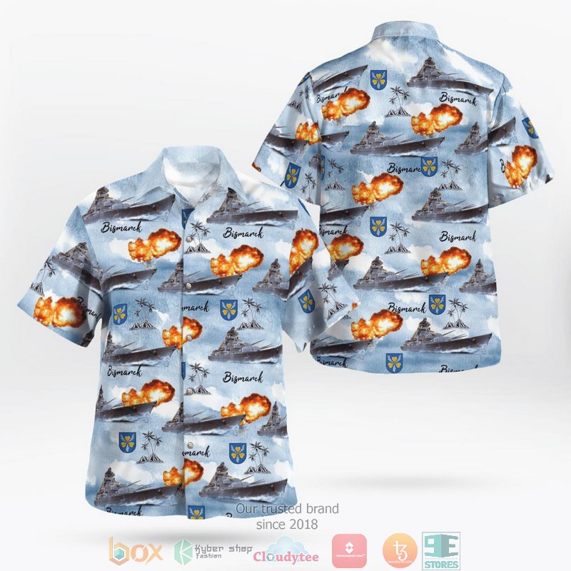 WWII Warship German Battleship Bismarck Palm Tree Hawaiian Shirt word3