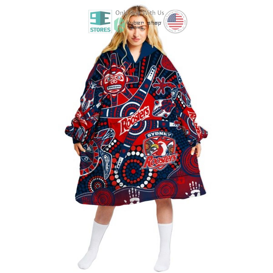 nrl sydney roosters aboriginal pattern sherpa hooded blanket 2 9101