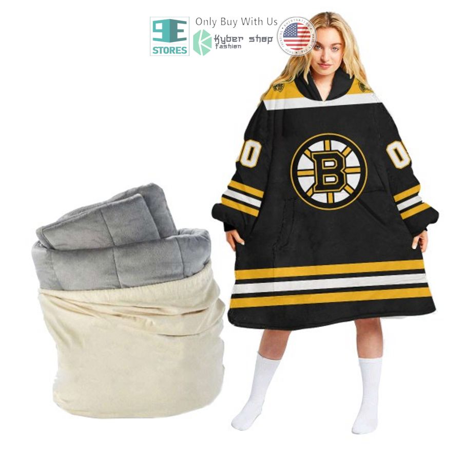 personalized nhl boston bruins black sherpa hooded blanket 1 33409
