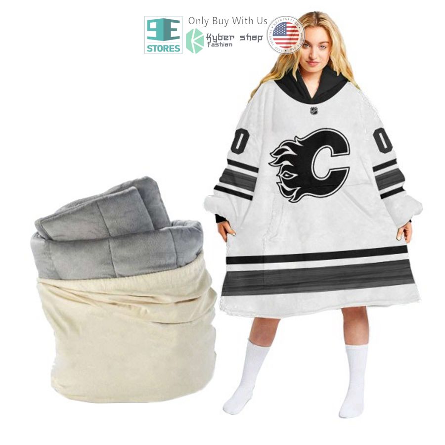personalized nhl calgary flames white sherpa hooded blanket 2 87279
