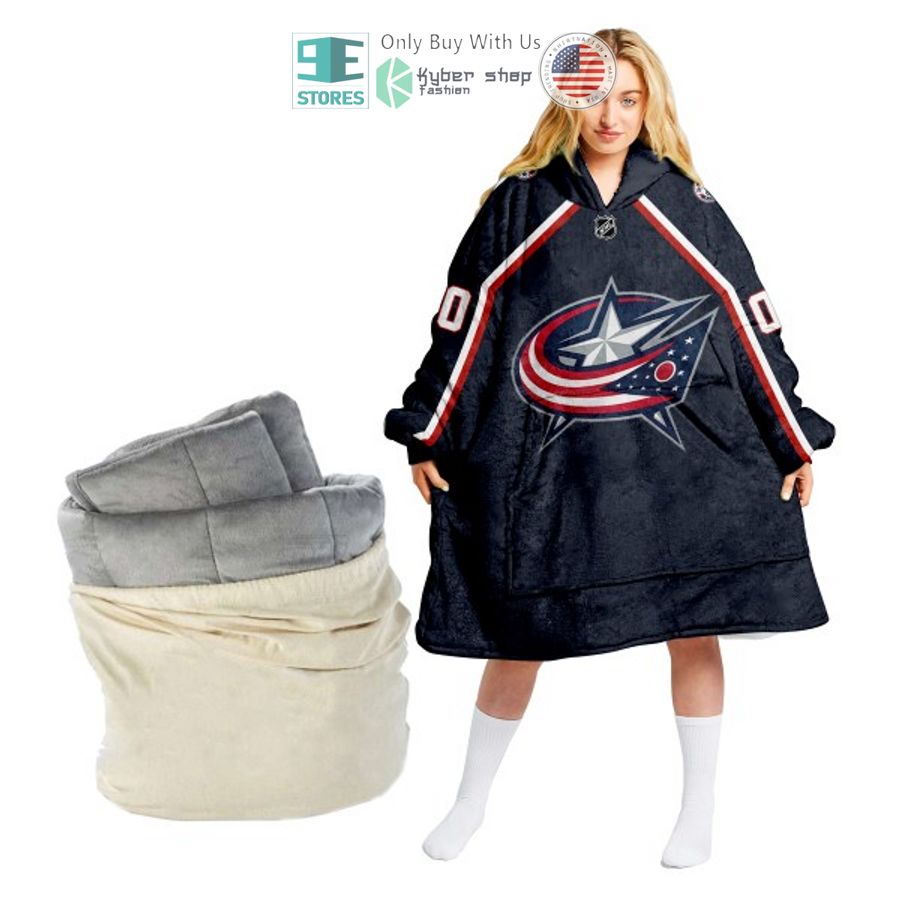 personalized nhl columbus blue jackets black sherpa hooded blanket 2 47721