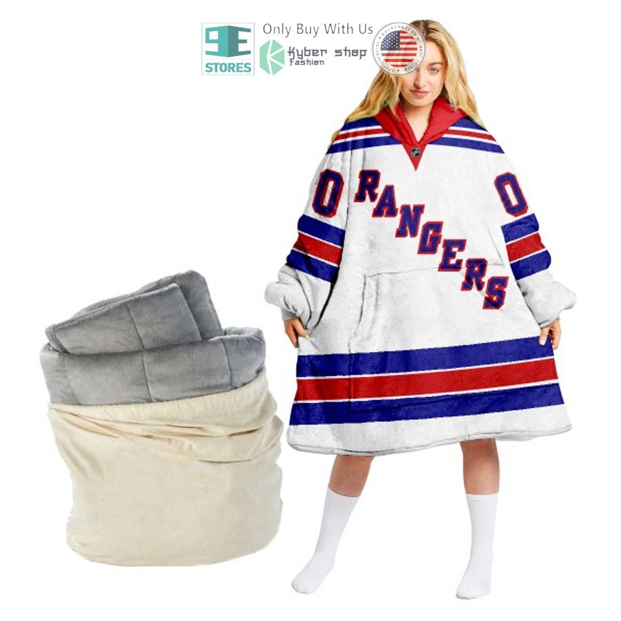 personalized nhl new york rangers white sherpa hooded blanket 2 82111