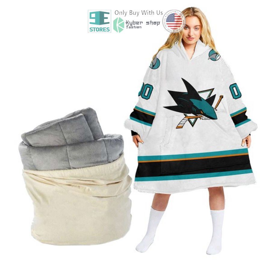 personalized nhl san jose sharks white sherpa hooded blanket 2 47358