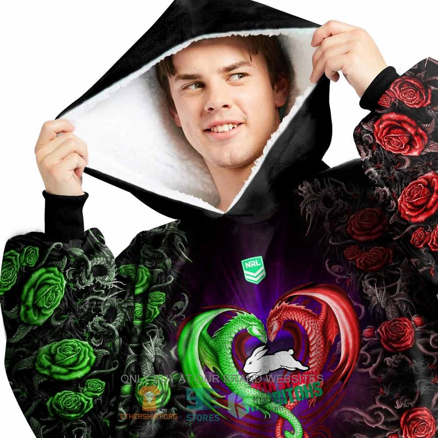 nrl south sydney rabbitohs rose dragon personalized fleece hoodie blanket 2 60744