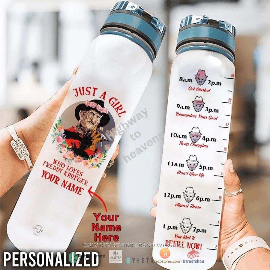 personalized just a girl who loves freddy krueger water bottle 1 49640