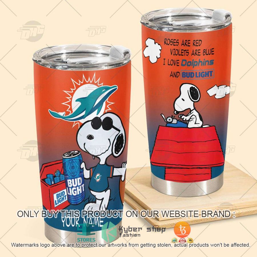 personalized nfl miami dolphins snoopy bud light beer tumbler 2 83415