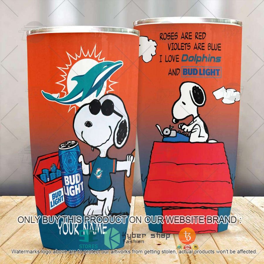 NEW Miami Dolphins Snoopy Bud Light Beer Custom Name Tumbler 3 personalized nfl miami dolphins snoopy bud light beer tumbler 3 20064