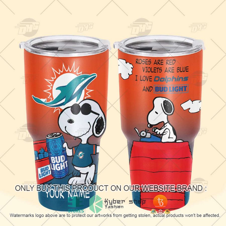 NEW Miami Dolphins Snoopy Bud Light Beer Custom Name Tumbler 4 personalized nfl miami dolphins snoopy bud light beer tumbler 4 30272