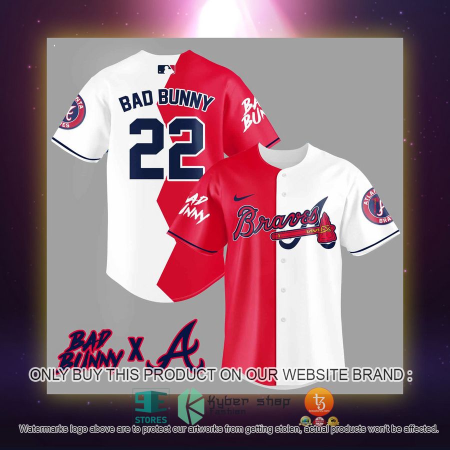NEW Bad Bunny Atlanta Braves white red Baseball Shirt 2 bad bunny atlanta braves white red baseball jersey 2 86870