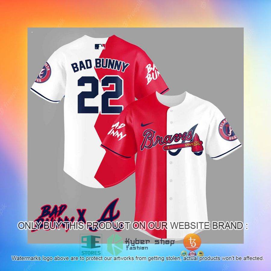NEW Bad Bunny Atlanta Braves white red Baseball Shirt 3 bad bunny atlanta braves white red baseball jersey 3 86434