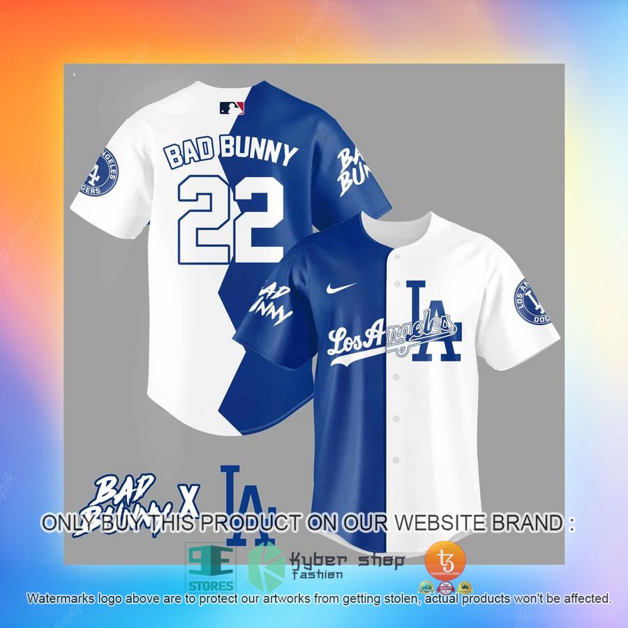 NEW Bad Bunny Los Angeles Dodgers white blue Baseball Shirt 3 bad bunny los angeles dodgers white blue baseball jersey 3 10298
