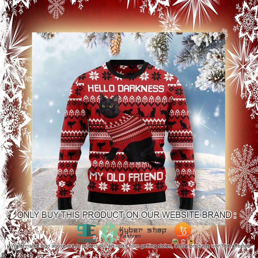 NEW Black Cat Hello Darkness My Old Friend Christmas red Sweatshirt, Sweater 2 black cat hello darkness my old friend christmas red ugly sweater 2 1936