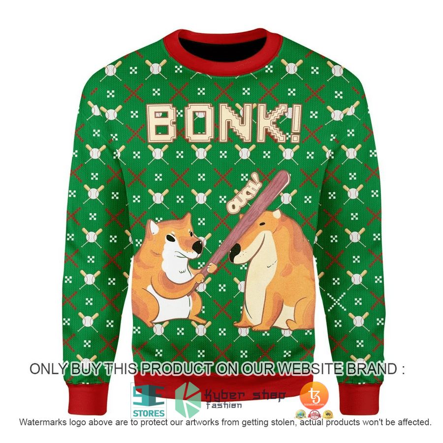 bonk dog baseball green christmas ugly sweater 1 14863