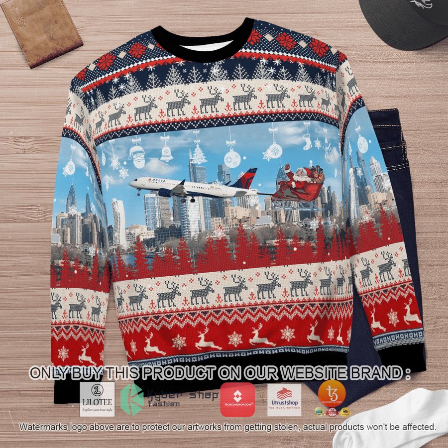 HOT Delta Air Lines Airbus A220-300 With Santa over Philadelphia Christmas Sweater 4 delta air lines airbus a220 300 with santa over philadelphia christmas 3d sweater 4 60868