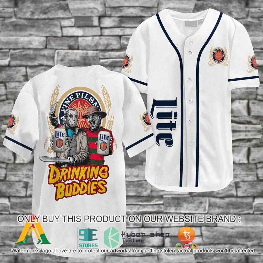 horror freddy jason drinking buddies miller lite baseball jersey 1 17952