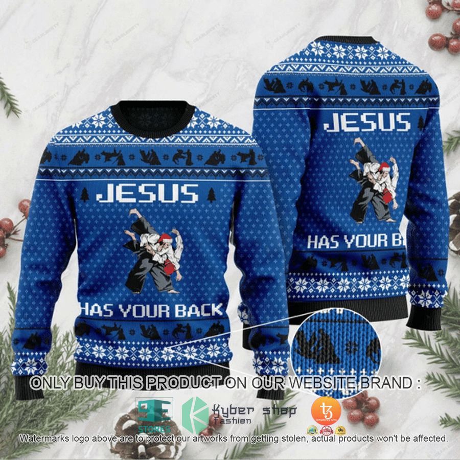 HOT Jesus Has Your Back Blue Ugly Christmas Sweater 1 jesus has your back blue ugly christmas sweater 1 91731