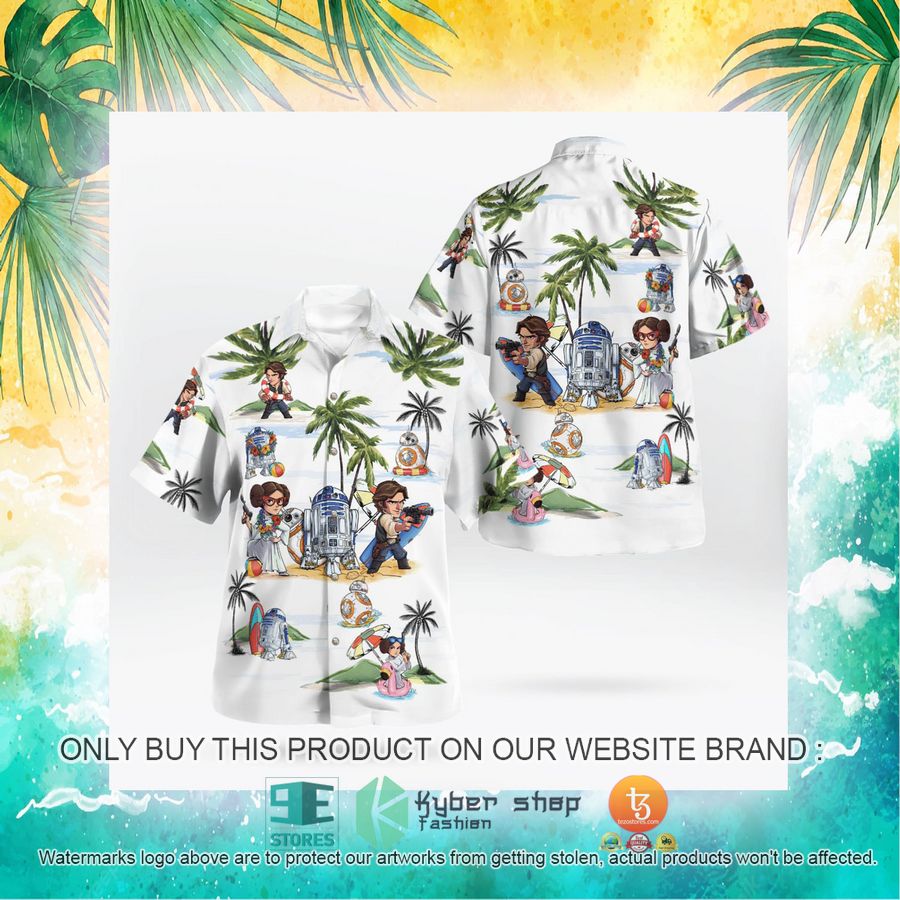 NEW Leia Solo BB8 R2D2 Summer Time White Hawaii Shirt, Shorts 20 leia solo bb8 r2d2 summer time white hawaiian shirt shorts 20 1966
