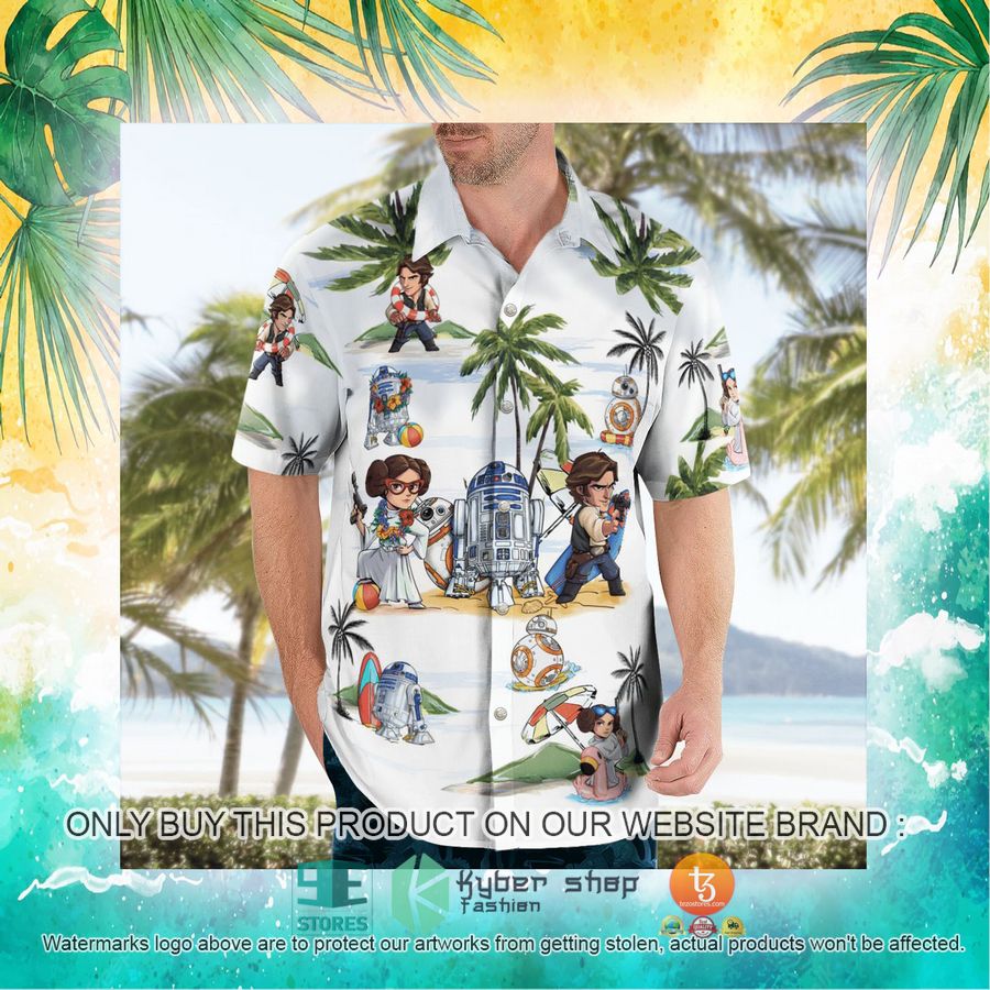 NEW Leia Solo BB8 R2D2 Summer Time White Hawaii Shirt, Shorts 22 leia solo bb8 r2d2 summer time white hawaiian shirt shorts 22 24464