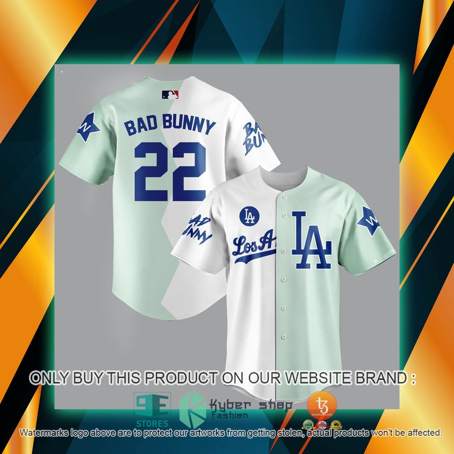 NEW Los Angeles Dodgers Bad Bunny white green Baseball Shirt 7 los angeles dodgers bad bunny white green baseball jersey 1 77234
