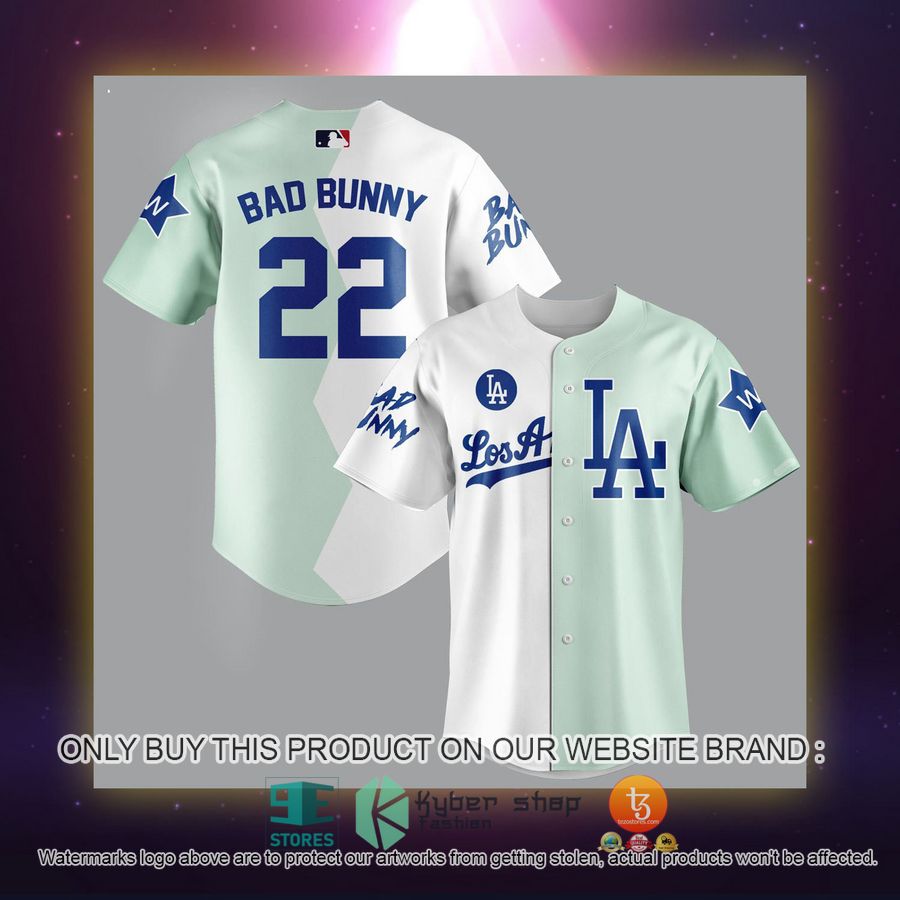 NEW Los Angeles Dodgers Bad Bunny white green Baseball Shirt 3 los angeles dodgers bad bunny white green baseball jersey 3 12811