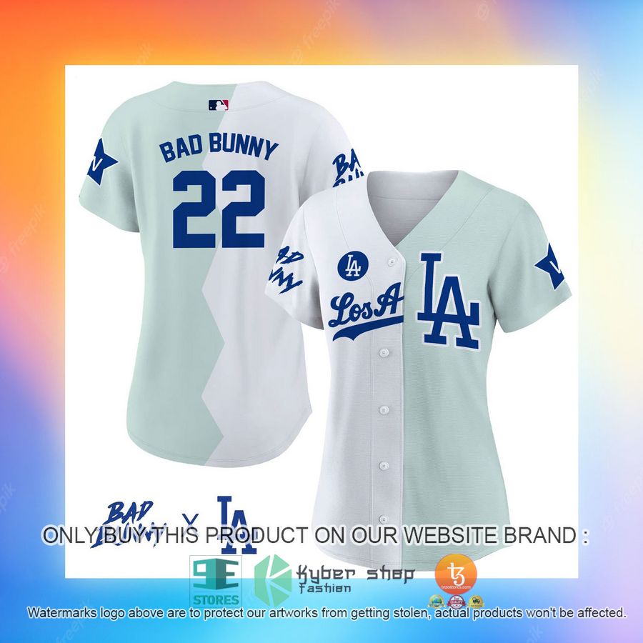 NEW Los Angeles Dodgers Bad Bunny white green Baseball Shirt 6 los angeles dodgers bad bunny white green baseball jersey 6 89405