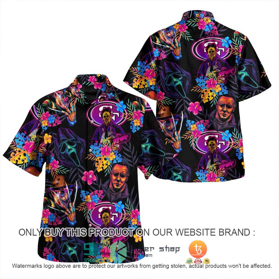 NEW Michael Myers Leatherface Ghostface Freddy Krueger San Francisco 49ers Hawaii Shirt 17 michael myers leatherface ghostface freddy krueger san francisco 49ers hawaiian shirt 1 87338