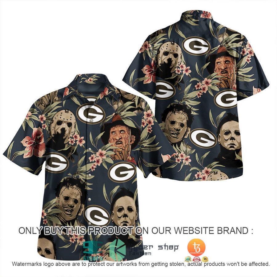 NEW Michael Myers Leatherface Jason Voorhees Freddy Krueger Green Bay Packers Hawaii Shirt, Shorts 2 michael myers leatherface jason voorhees freddy krueger green bay packers hawaiian shirt shorts 2 19769