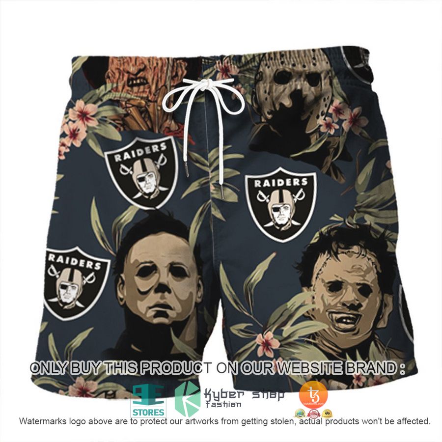 NEW Michael Myers Leatherface Jason Voorhees Freddy Krueger Las Vegas Raiders Hawaii Shirt, Shorts 3 michael myers leatherface jason voorhees freddy krueger las vegas raiders hawaiian shirt shorts 3 50976