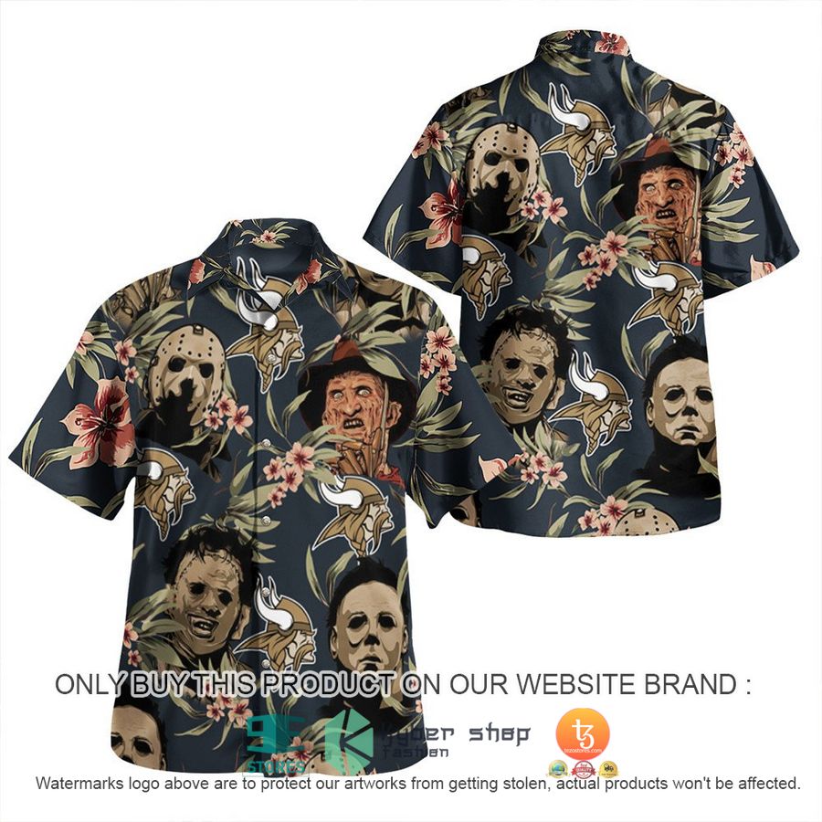 NEW Michael Myers Leatherface Jason Voorhees Freddy Krueger Minnesota Vikings Hawaii Shirt, Shorts 2 michael myers leatherface jason voorhees freddy krueger minnesota vikings hawaiian shirt shorts 2 40886