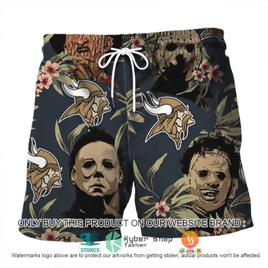 NEW Michael Myers Leatherface Jason Voorhees Freddy Krueger Minnesota Vikings Hawaii Shirt, Shorts 3 michael myers leatherface jason voorhees freddy krueger minnesota vikings hawaiian shirt shorts 3 46988