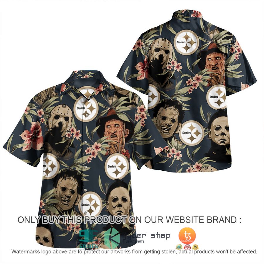 NEW Michael Myers Leatherface Jason Voorhees Freddy Krueger Pittsburgh Steelers Hawaii Shirt, Shorts 2 michael myers leatherface jason voorhees freddy krueger pittsburgh steelers hawaiian shirt shorts 2 81525