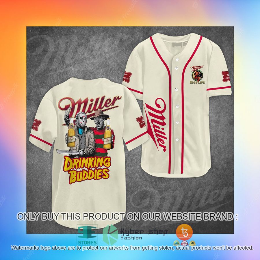 NEW Miller Highlife Jason Voorhees Freddy Krueger Drinking Buddies Baseball Shirt 3 miller highlife jason voorhees freddy krueger drinking buddies baseball jersey 3 81716