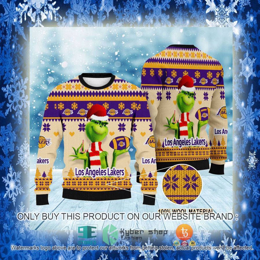NEW Grinch Los Angeles Lakers Sweatshirt 3 nba grinch los angeles lakers ugly christmas sweater 3 16793