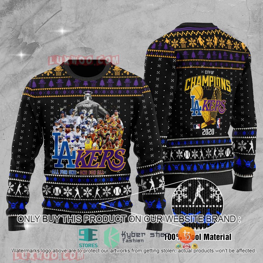 nba los angeles dodgers and lakers city of champions 2020 world series ugly christmas sweater 1 78312
