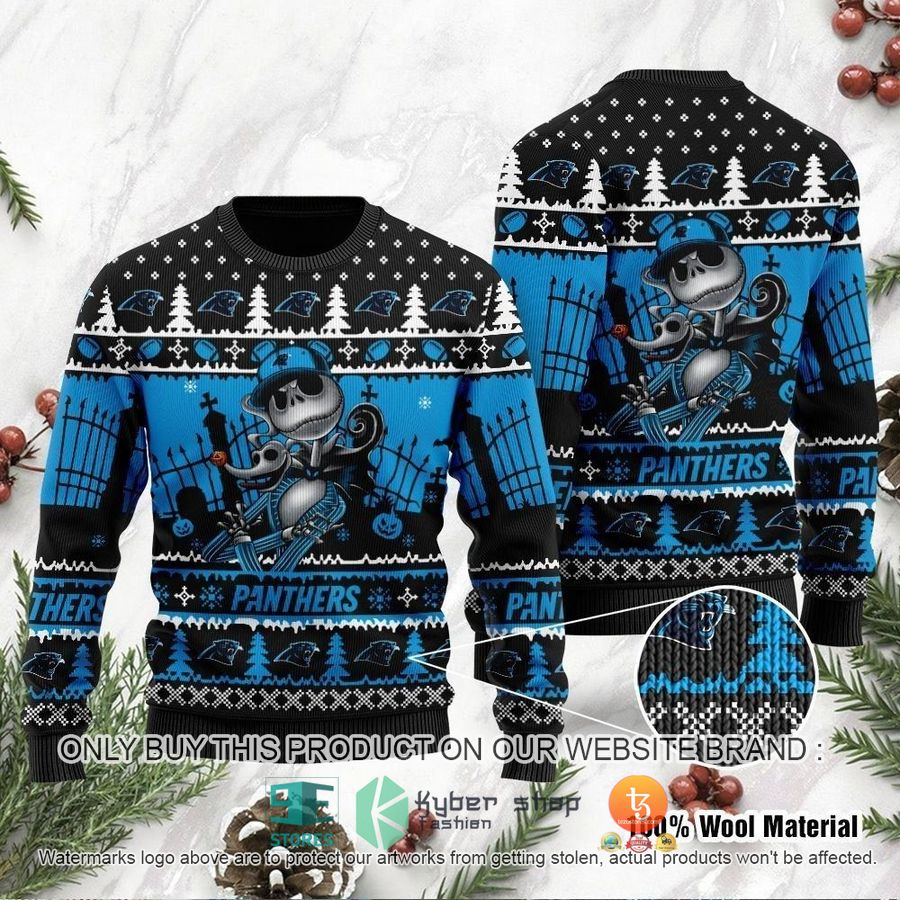 nfl carolina panthers jack skellington halloween ugly christmas sweater 1 90033