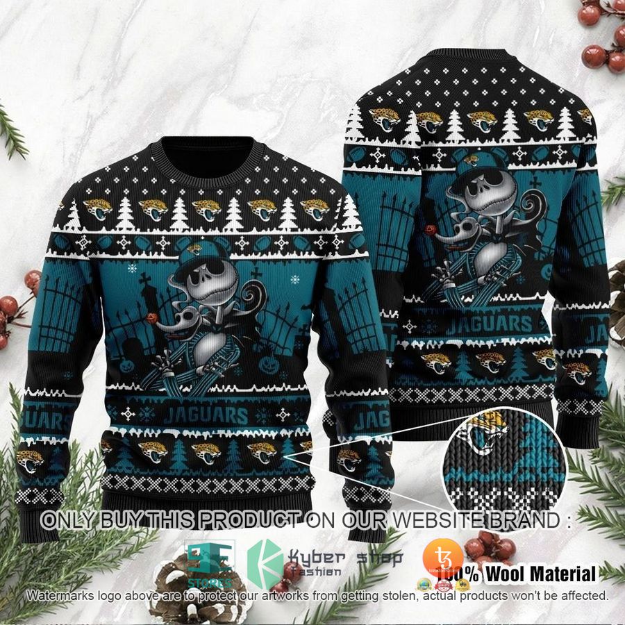 NEW Jacksonville Jaguars Jack Skellington Halloween Sweatshirt 8 nfl jacksonville jaguars jack skellington halloween ugly christmas sweater 1 14395