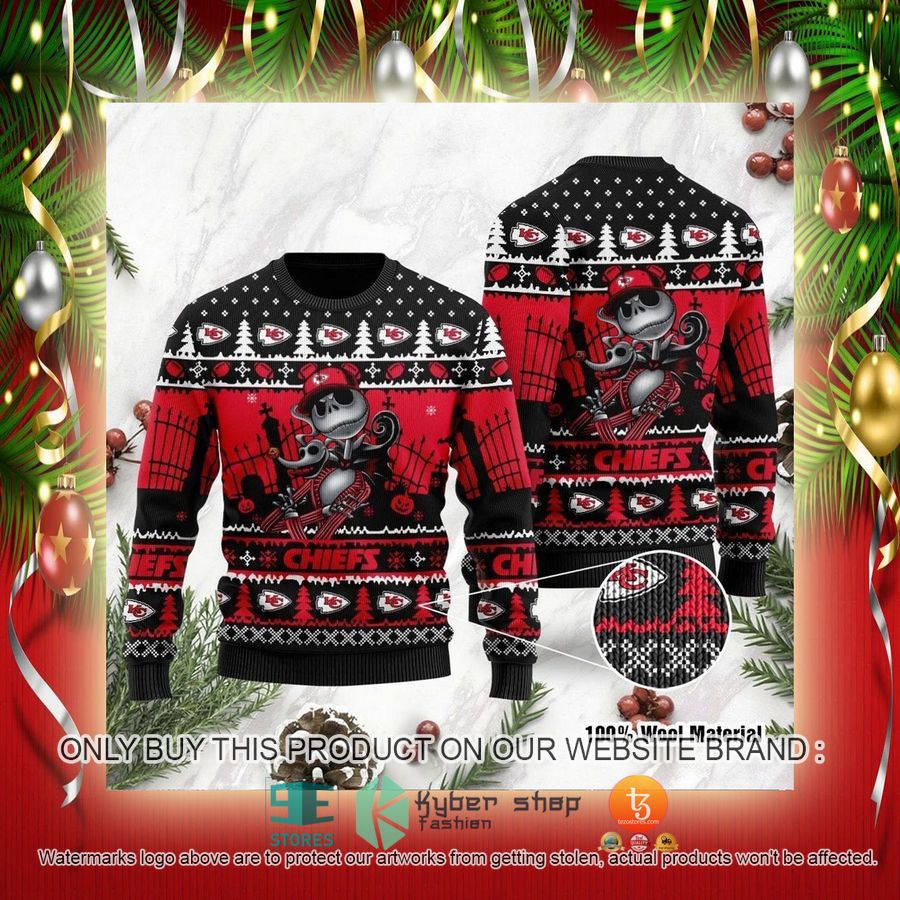 NEW Kansas City Chiefs Jack Skellington Halloween Sweatshirts 2 nfl kansas city chiefs jack skellington halloween ugly christmas sweaters 2 12420