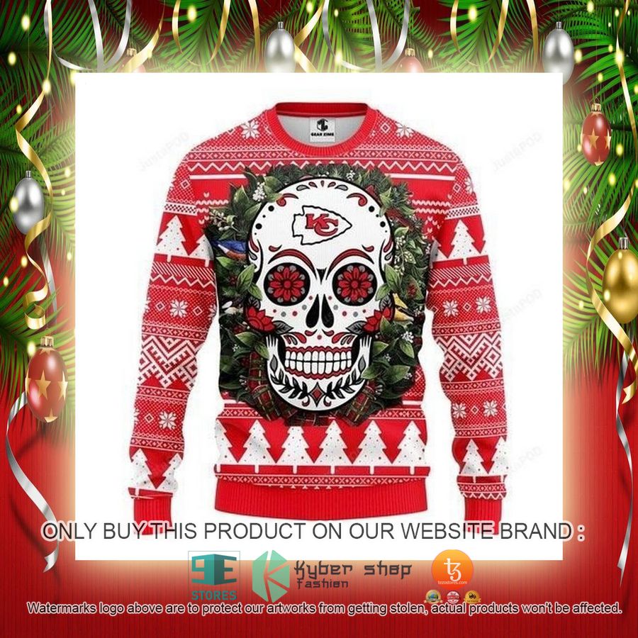 NEW Kansas City Chiefs Skull Flower Sweatshirt 2 nfl kansas city chiefs skull flower ugly christmas sweater 2 49783