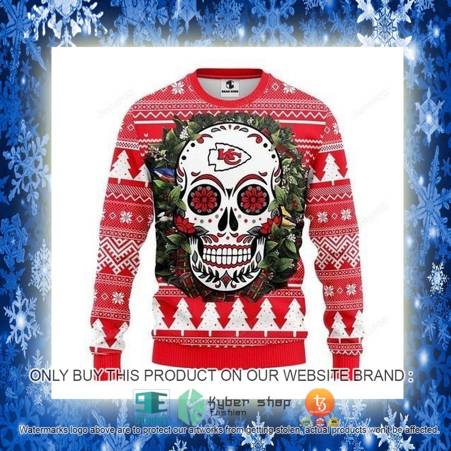 NEW Kansas City Chiefs Skull Flower Sweatshirt 3 nfl kansas city chiefs skull flower ugly christmas sweater 3 55371