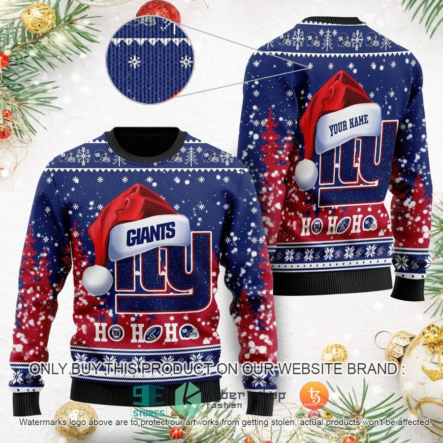 nfl new york giants symbol wearing santa claus hat ho ho ho ugly christmas sweater 1 60950