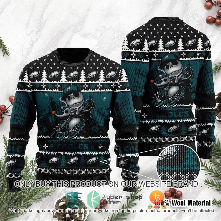 nfl philadelphia eagles jack skellington halloween holiday party ugly christmas sweater 1 83217