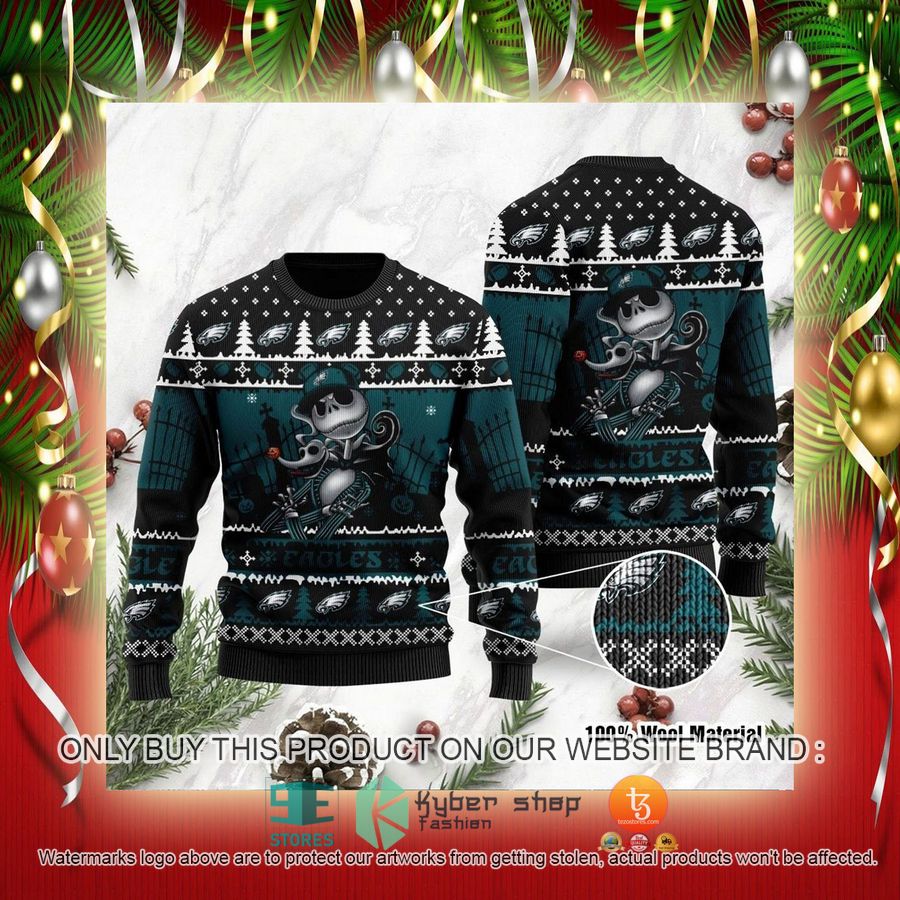 NEW Philadelphia Eagles Jack Skellington Halloween Holiday Party Sweatshirt 2 nfl philadelphia eagles jack skellington halloween holiday party ugly christmas sweater 2 6637