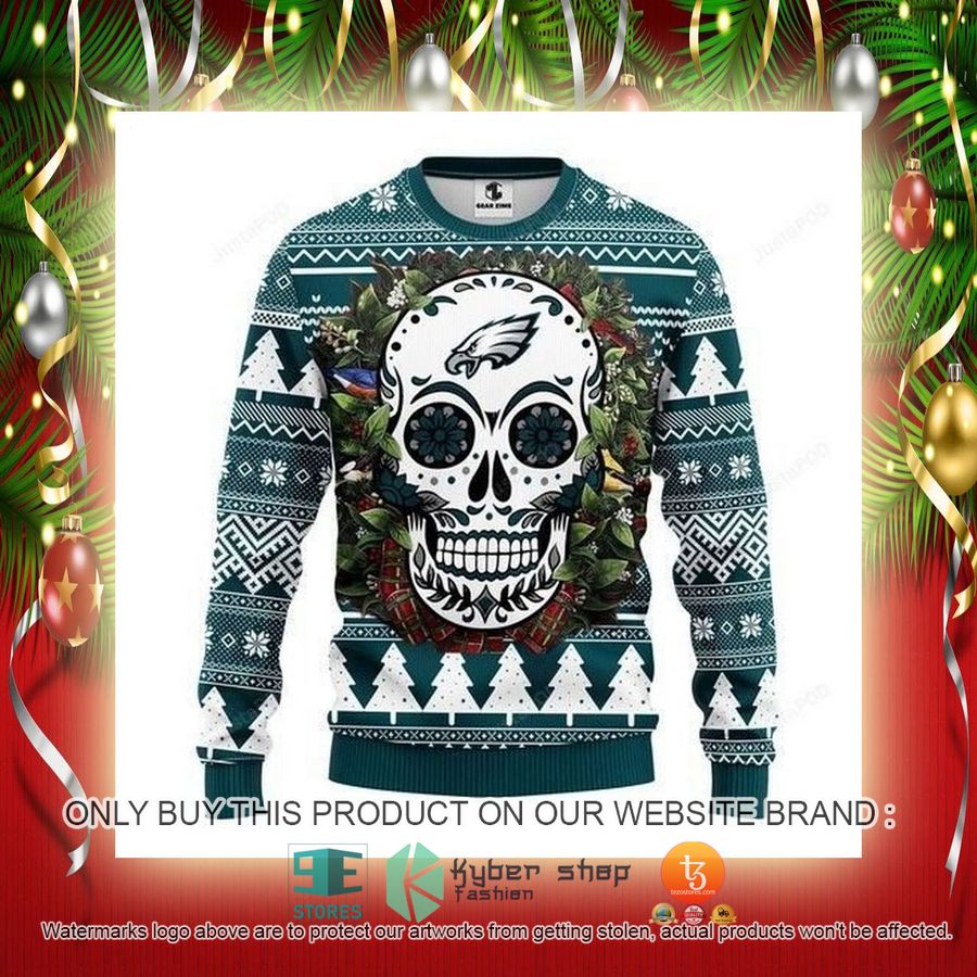 NEW Philadelphia Eagles Skull Flower Sweatshirt 2 nfl philadelphia eagles skull flower ugly christmas sweater 2 22331
