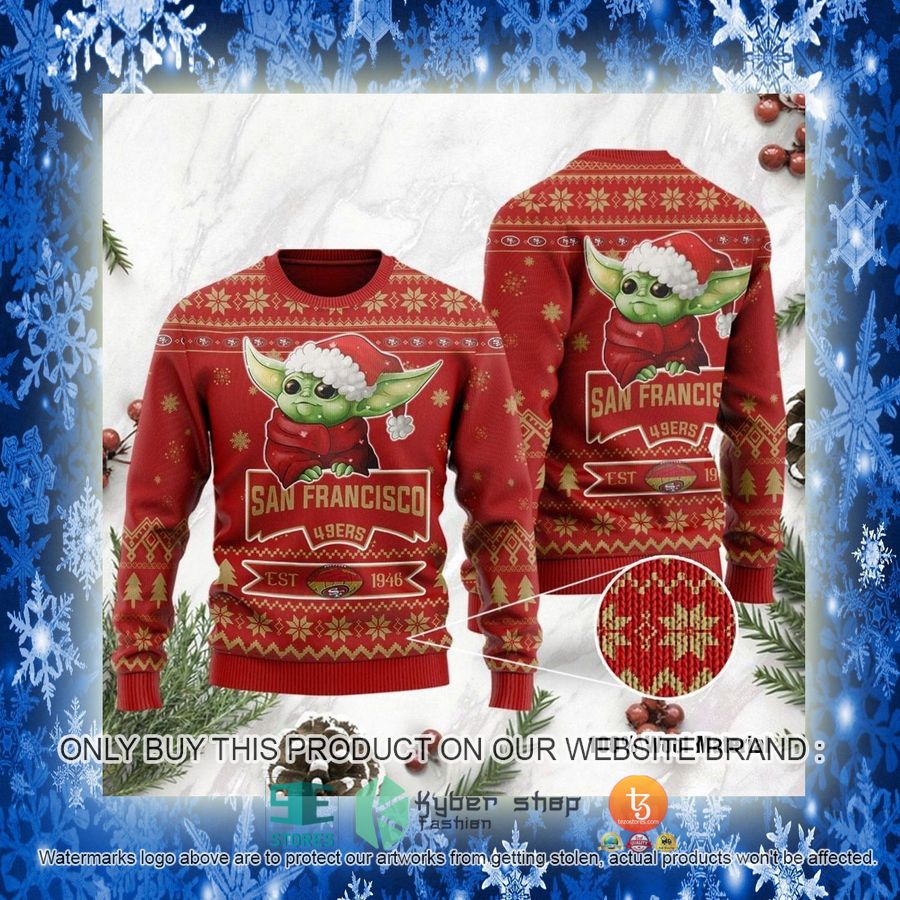 NEW San Francisco 49ers Cute Baby Yoda Grogu Sweatshirt 3 nfl san francisco 49ers cute baby yoda grogu ugly christmas sweater 3 20788