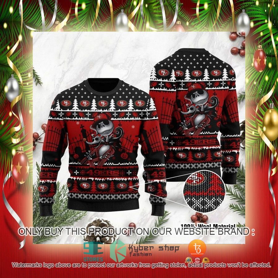 NEW San Francisco 49ers Jack Skellington Halloween Sweatshirt 2 nfl san francisco 49ers jack skellington halloween ugly christmas sweater 2 26617