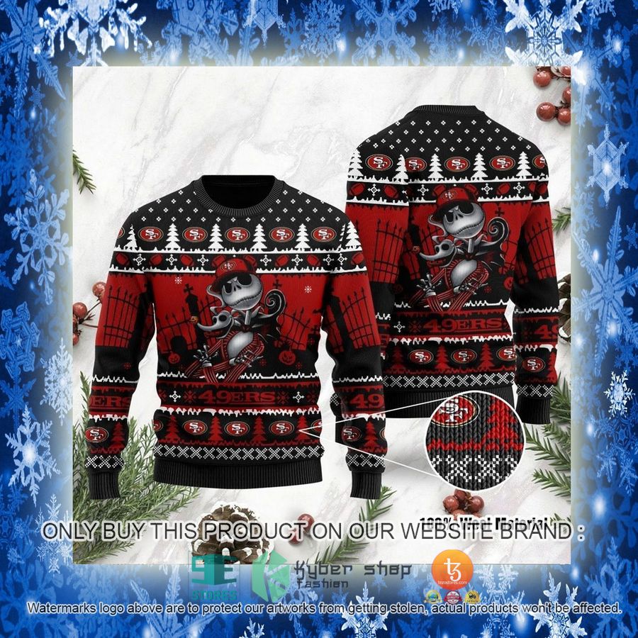NEW San Francisco 49ers Jack Skellington Halloween Sweatshirt 3 nfl san francisco 49ers jack skellington halloween ugly christmas sweater 3 49448