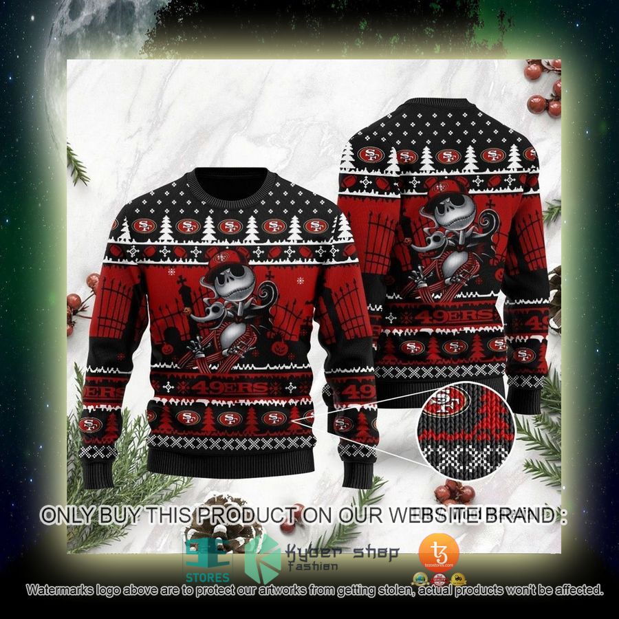 NEW San Francisco 49ers Jack Skellington Halloween Sweatshirt 4 nfl san francisco 49ers jack skellington halloween ugly christmas sweater 4 57468