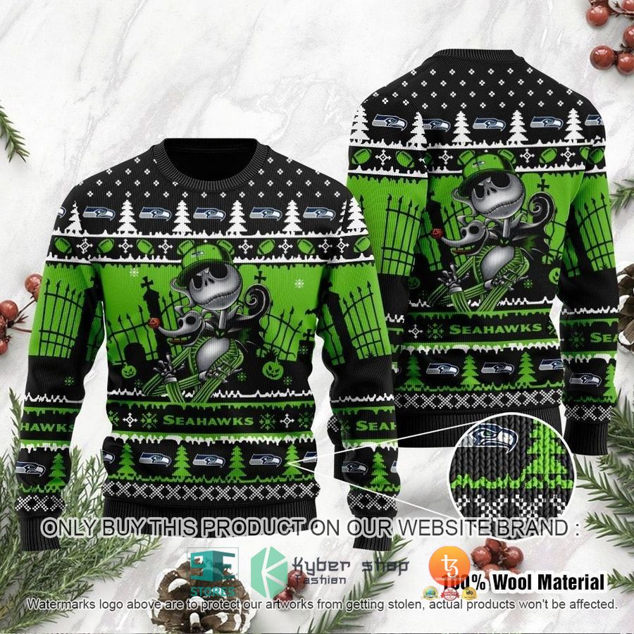 nfl seattle seahawks jack skellington halloween ugly christmas sweater 1 73688