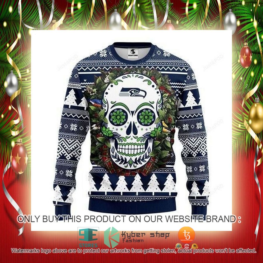 NEW Seattle Seahawks Skull Flower Sweatshirt 2 nfl seattle seahawks skull flower ugly christmas sweater 2 55763