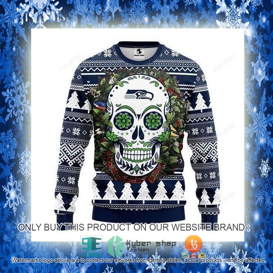 NEW Seattle Seahawks Skull Flower Sweatshirt 3 nfl seattle seahawks skull flower ugly christmas sweater 3 27741